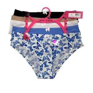 BETSEY JOHNSON HI LEG BIKINI PANTIES XL 5 PACK BUTTERFLY SOLIDS RIBBED COMFY $54